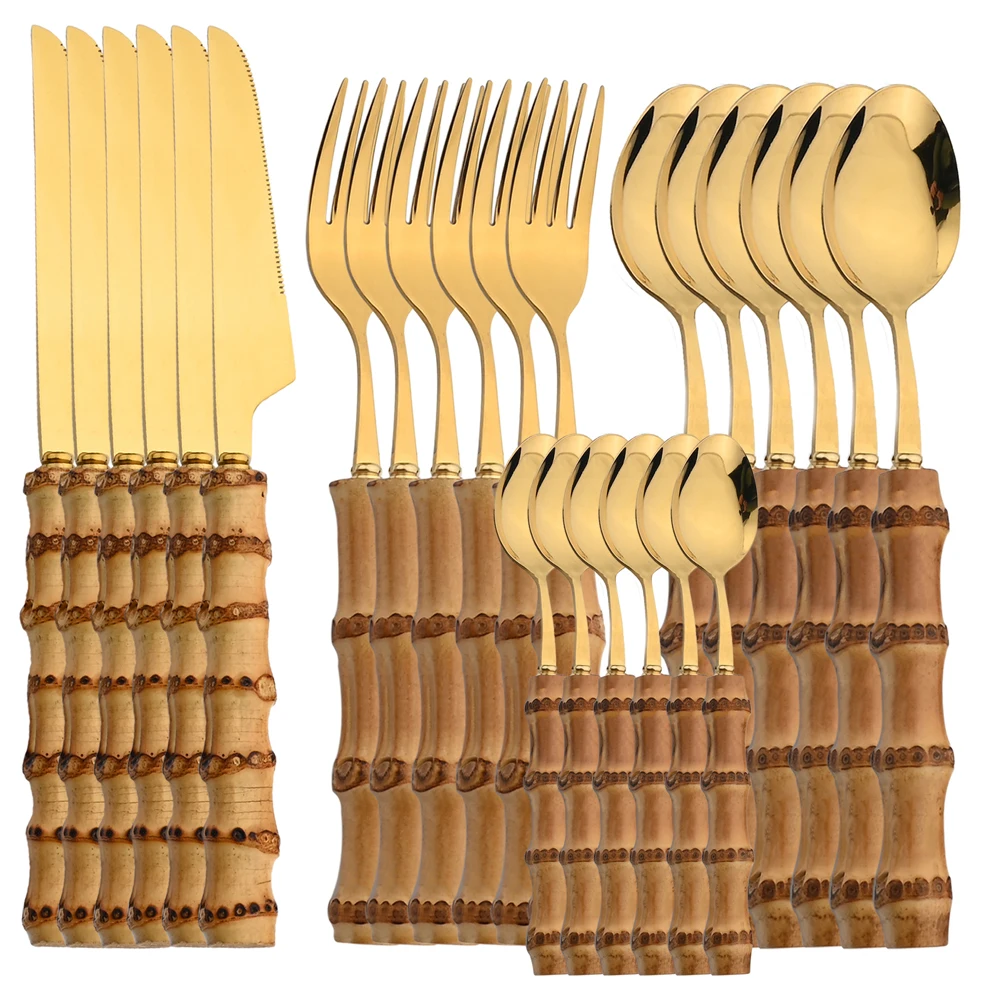 24Pcs Stainless Steel Flatware - Bamboo Cutlery 评论和价格