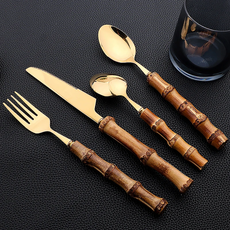 24Pcs Stainless Steel Flatware - Bamboo Cutlery 评论和价格